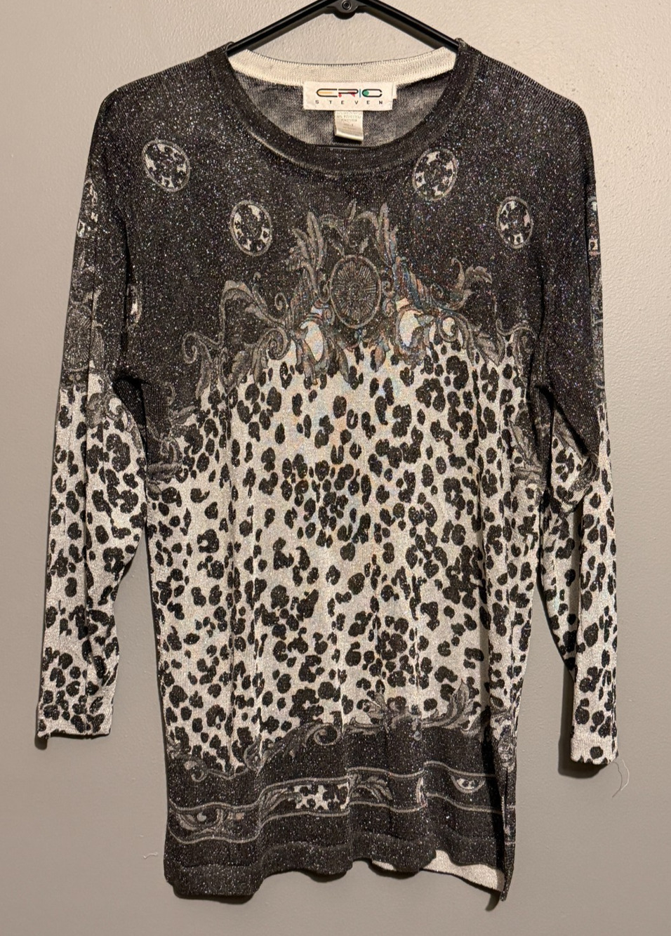 Vintage Eric Steven L Metallic Leopard Print Sweater Tunic Baroque 80s 90s